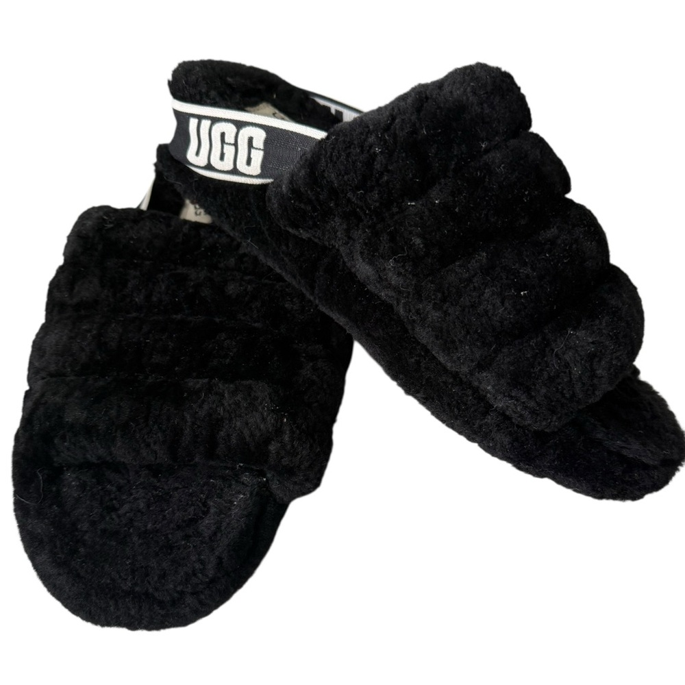 UGG Fluffita Platform Slides - Black Curly Sheepskin Sandals - Size 9